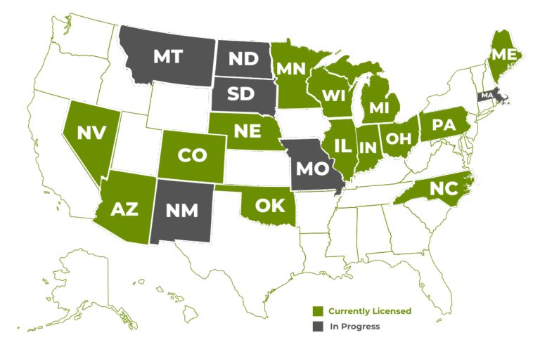 Map of all states that Spire Insurance Solutions is licensed in.