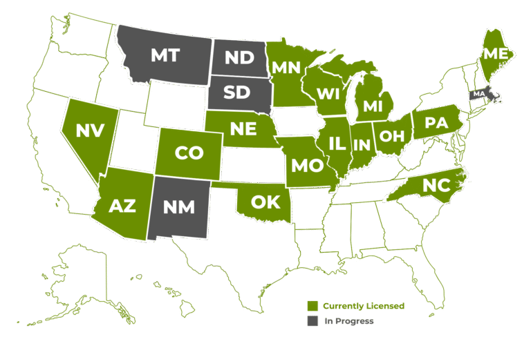 Map of all states that Spire Insurance Solutions is licensed in.